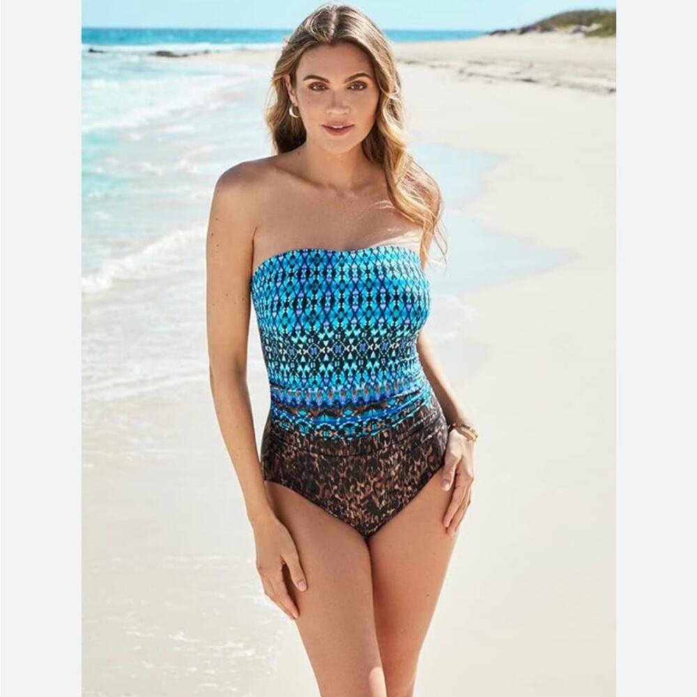 NWT Miraclesuit Untamed Avanti One Piece Bandeau Swimsuit in Brown/Multi Size 8L